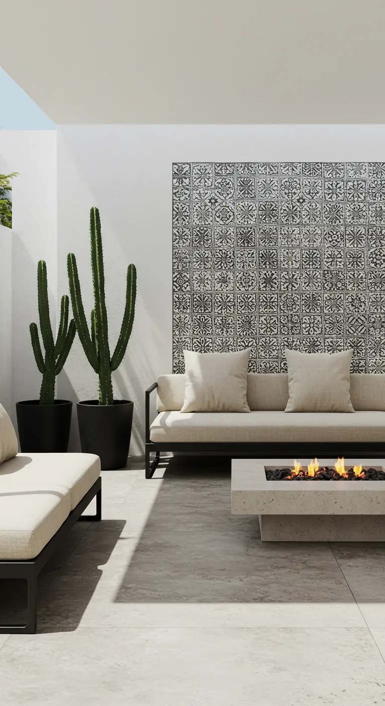 Patio moderno con pared de azulejos en blanco y negro, sofá beige y fogón.