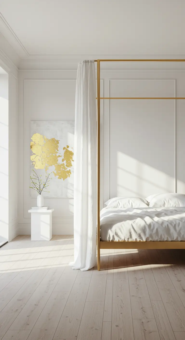 Dormitorio blanco minimalista con cama con dosel dorada y un cuadro abstracto con pan de oro.