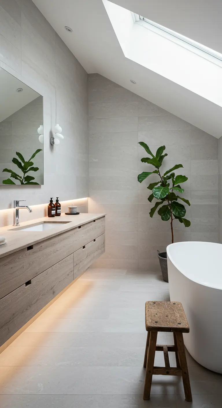 Baño minimalista con mueble flotante de madera clara, bañera exenta y un taburete rústico.