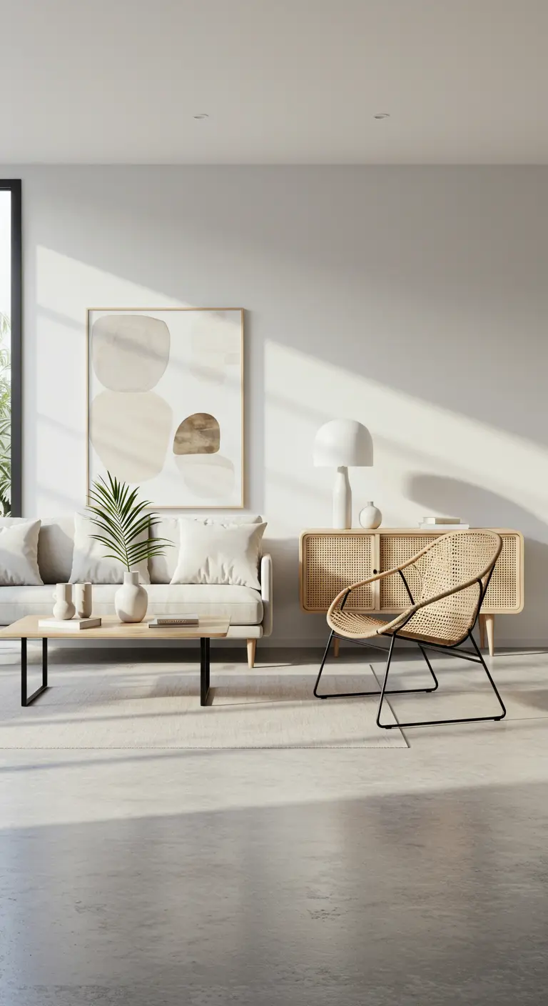 Salón minimalista con sofá blanco, aparador de rejilla y una silla de ratán y metal negro.