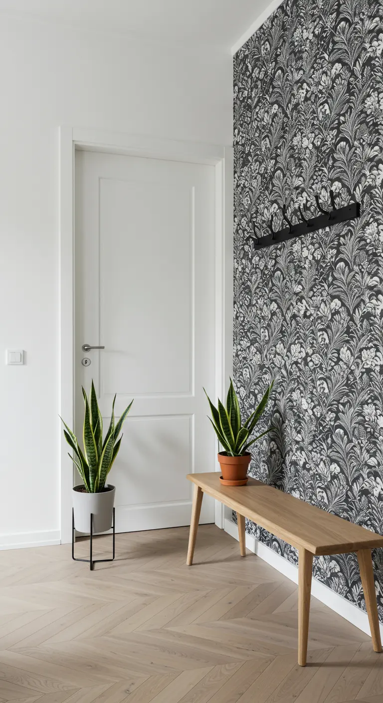 Entrada minimalista con pared de papel tapiz floral en blanco y negro y un banco de madera clara.