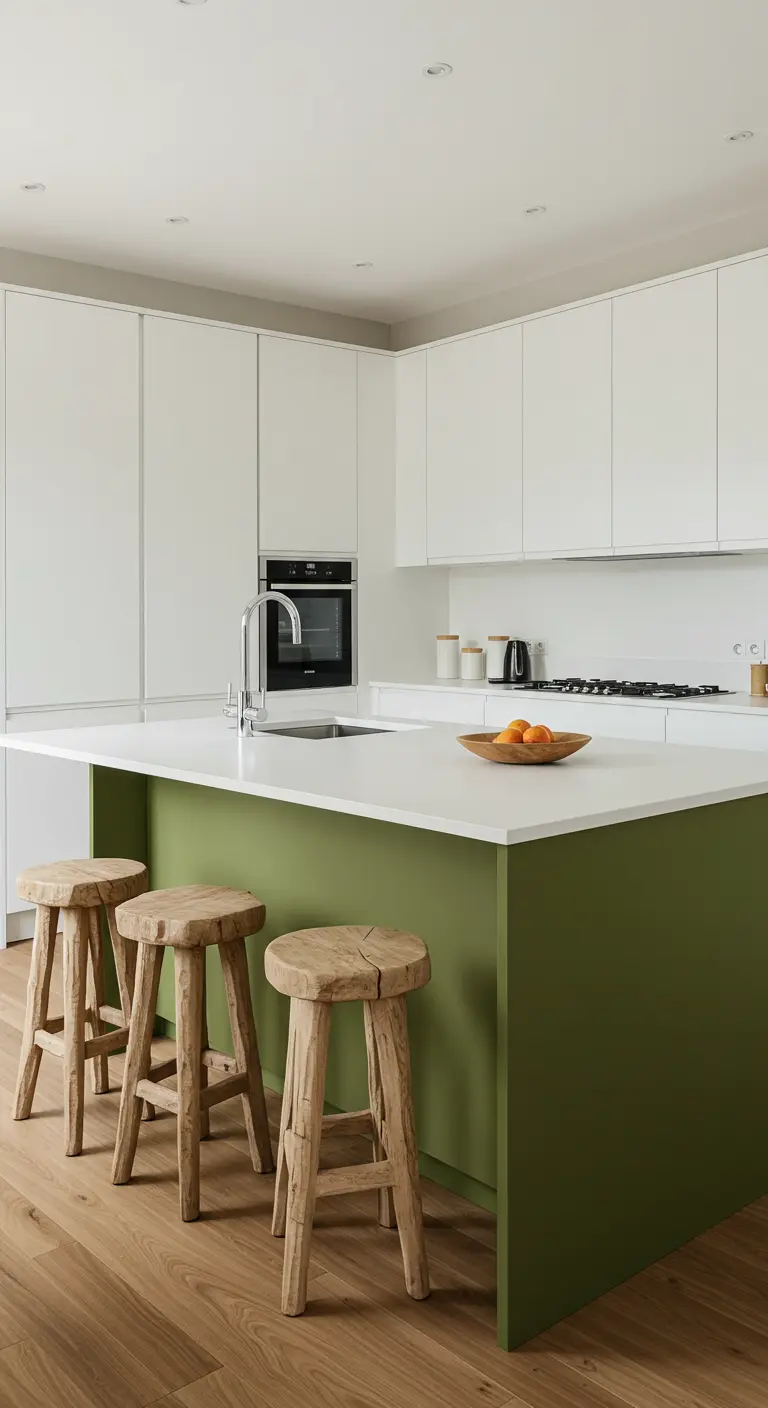 Cocina minimalista blanca con una isla verde oliva y taburetes de madera rústica.