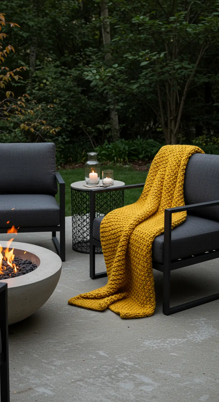 Patio moderno con fogón de hormigón, sillas grises y una manta de punto amarillo mostaza.