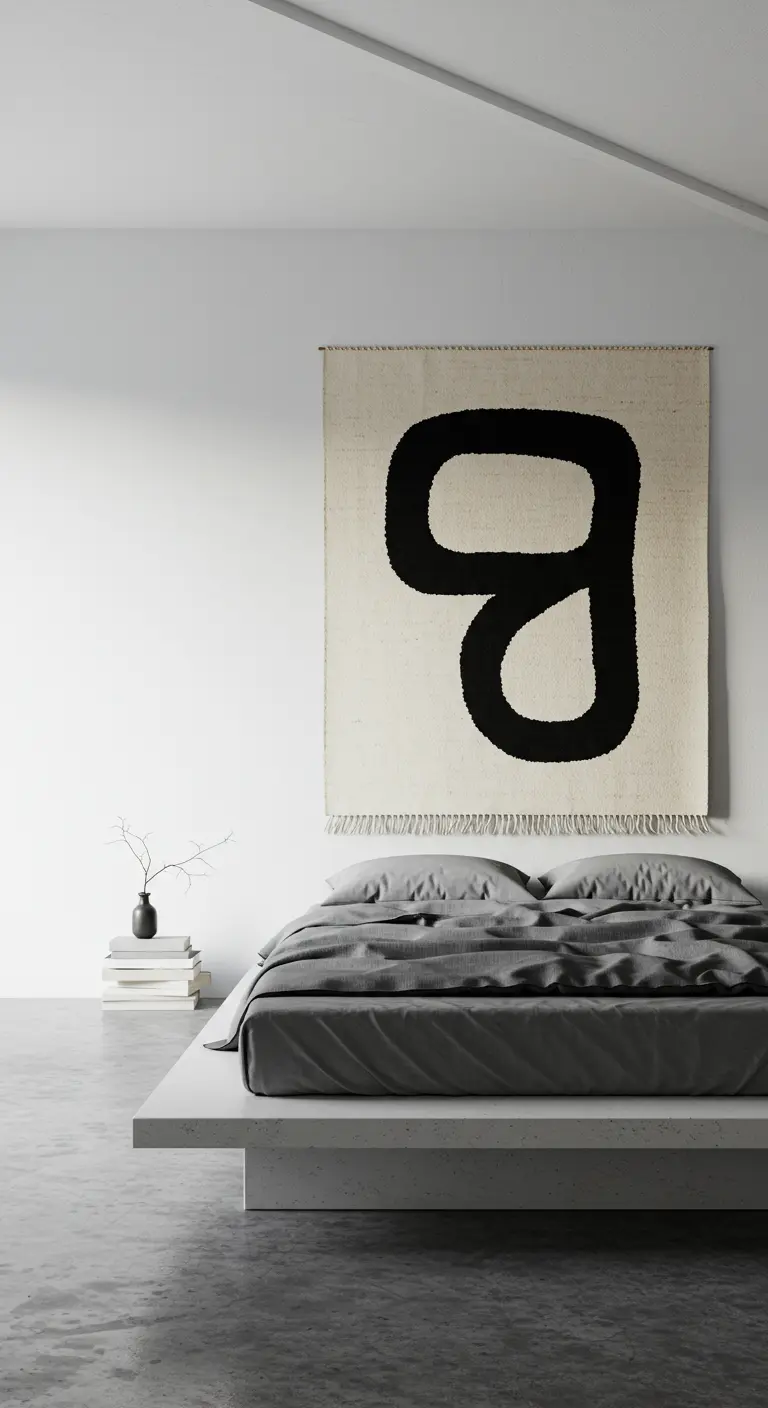 Dormitorio minimalista con un tapiz abstracto en blanco y negro sobre una cama baja.