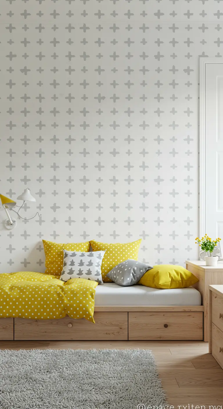 Dormitorio infantil con pared blanca estampada con un patrón de cruces grises y ropa de cama amarilla.