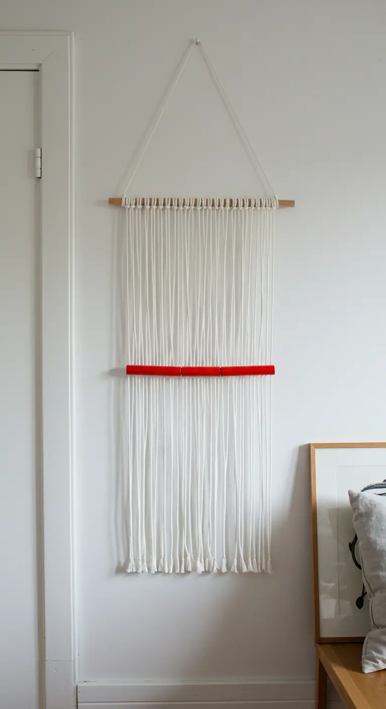 Tapiz de macramé minimalista con hilos blancos y una barra de cuentas rojas.