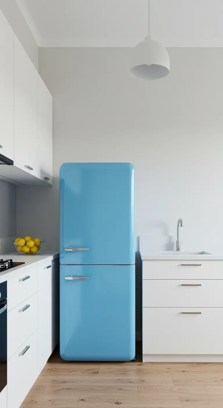 Cocina ultraminimalista totalmente blanca con un frigorífico retro azul cielo.