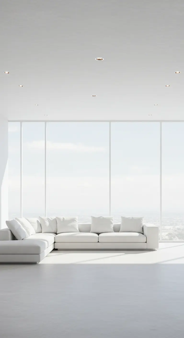 Sala de estar completamente blanca con un sofá modular bajo frente a un gran ventanal