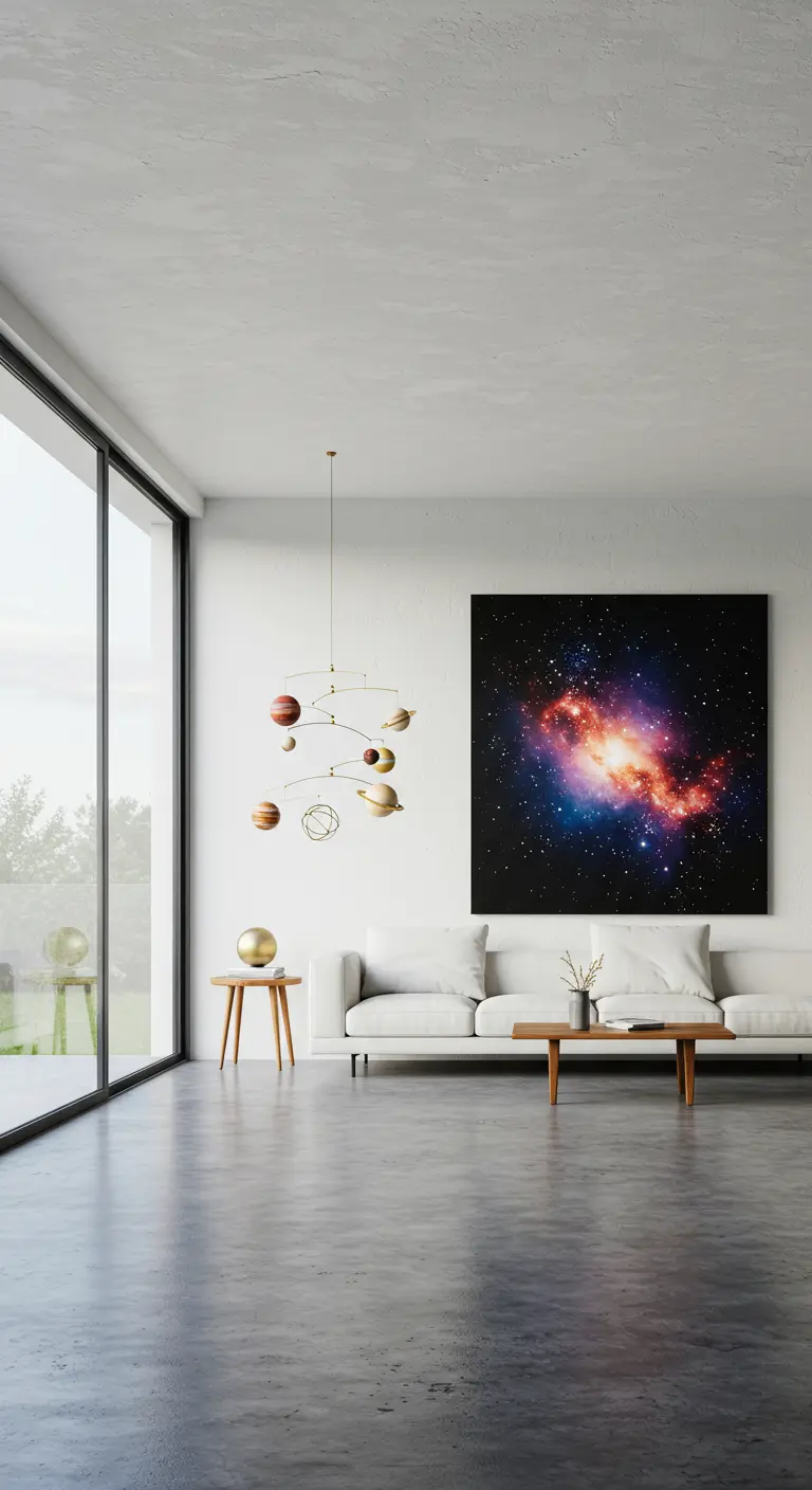Sala minimalista con paredes blancas, un gran cuadro de nebulosa y un móvil del sistema solar.