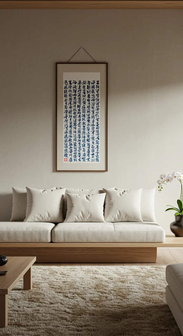 Sala de estar minimalista de inspiración japonesa con sofá bajo y decoración zen