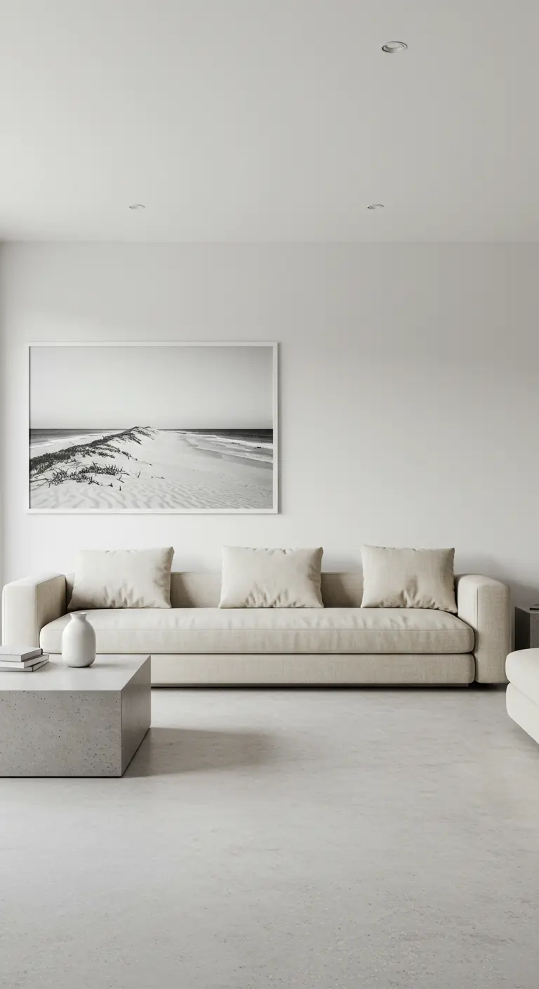 Salón minimalista en tonos blancos y grises con sofá de lino y mesa de centro de hormigón.