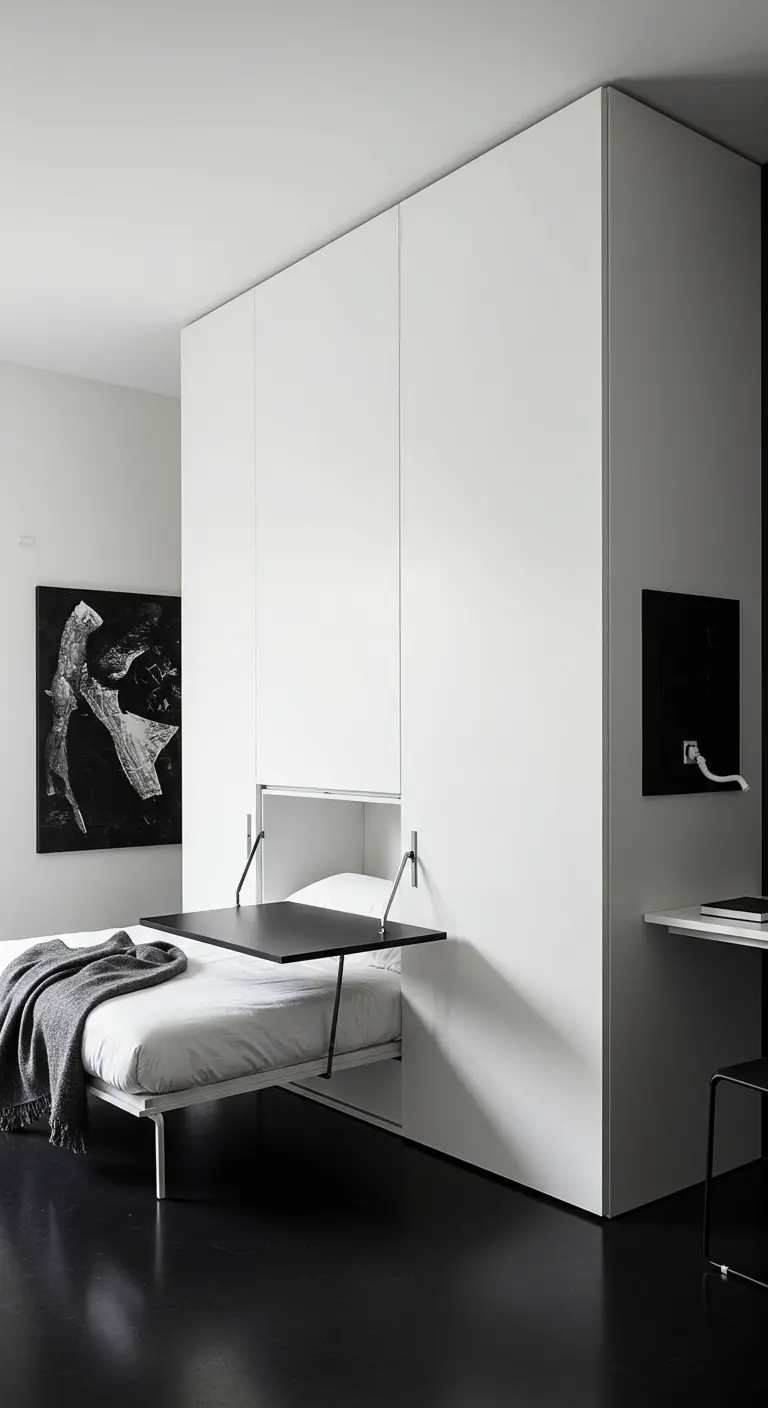 Cama abatible oculta en un armario blanco, con una mesa abatible negra que sirve de escritorio.
