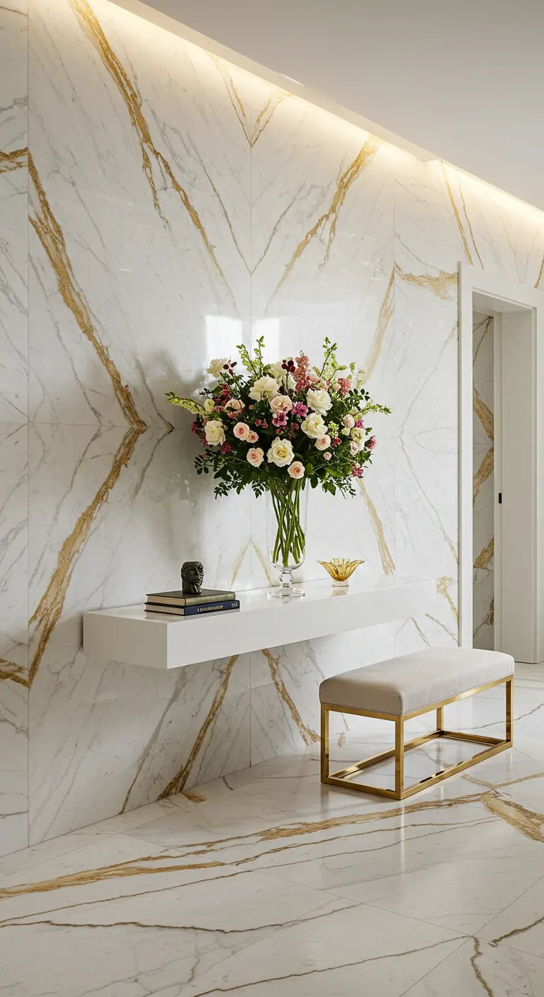 Recibidor de lujo con paredes de mármol blanco con vetas doradas y un banco de estructura dorada.