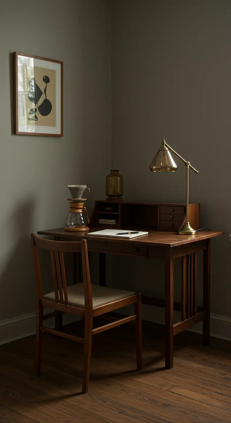 Escritorio de madera de mediados de siglo con una lámpara de latón y arte abstracto.