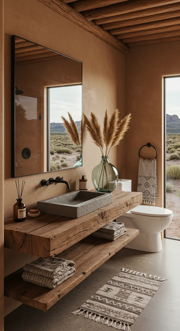 Baño de estilo desértico con paredes color tierra y tocador de vigas de madera recuperada.