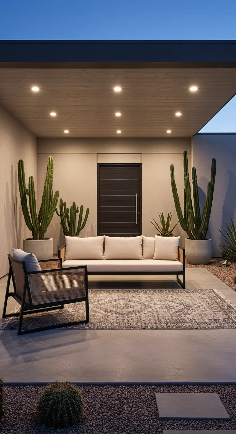 Porche minimalista de cemento con sofá negro, silla de caña y grandes cactus.