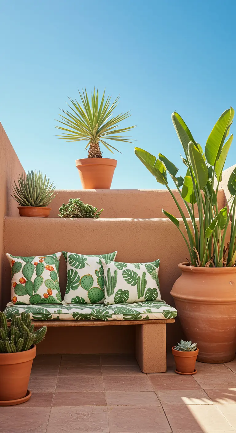Banco de obra en una terraza de terracota con cojines estampados de cactus y monsteras.