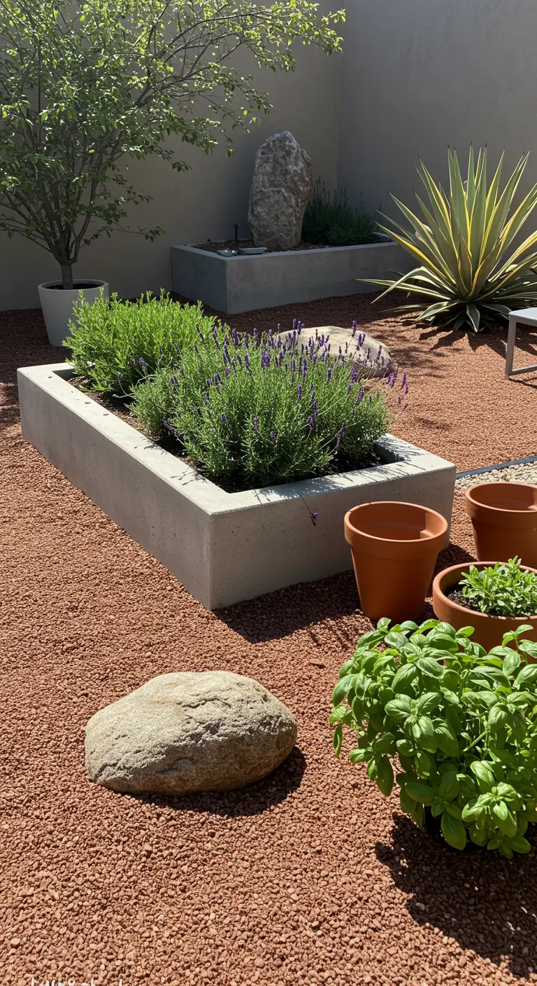 Jardín de estilo desértico con grava rojiza, jardineras de hormigón con lavanda y macetas con albahaca