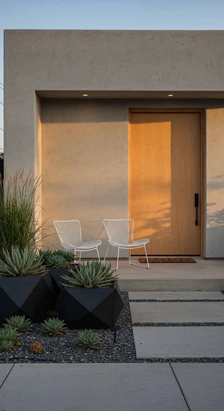 Porche minimalista con pared de estuco, macetas geométricas negras con suculentas y sillas blancas.