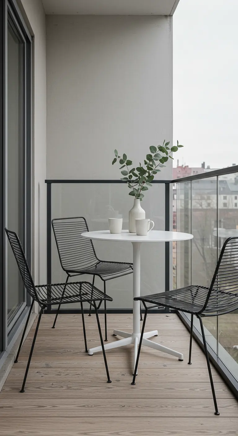 Balcón escandinavo minimalista con mesa blanca redonda y sillas de alambre negro.