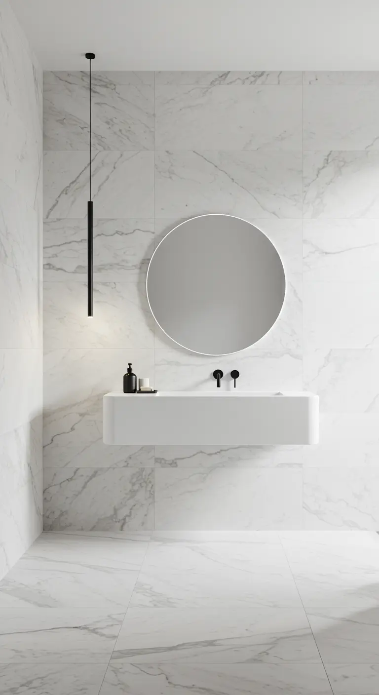 Baño minimalista de mármol con una delgada lámpara colgante negra