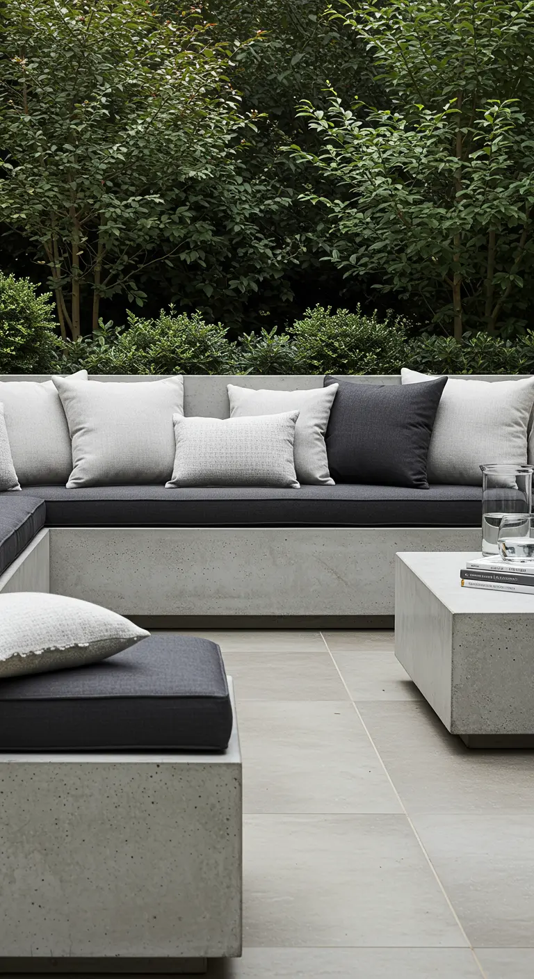 Sofá de obra de hormigón en un patio minimalista, con cojines y colchonetas en tonos grises.