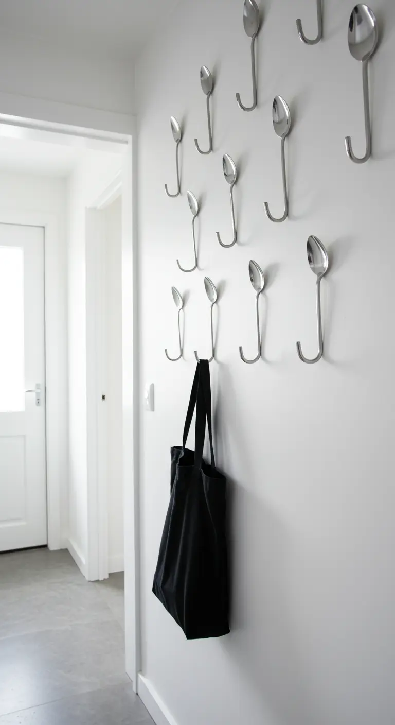Cucharas de metal dobladas y fijadas directamente en una pared blanca, creando un perchero minimalista.