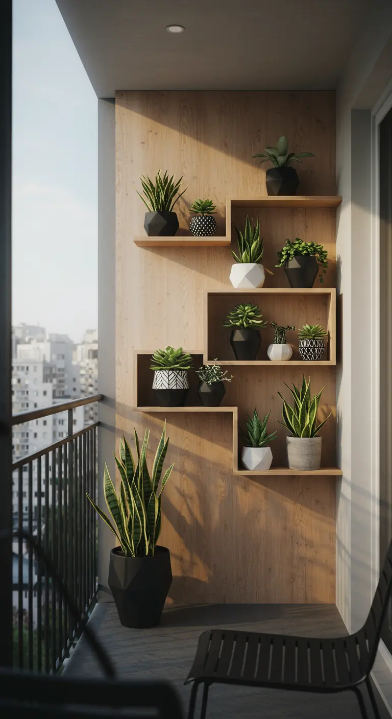 Estantería de madera de diseño geométrico en un balcón moderno con macetas de suculentas.