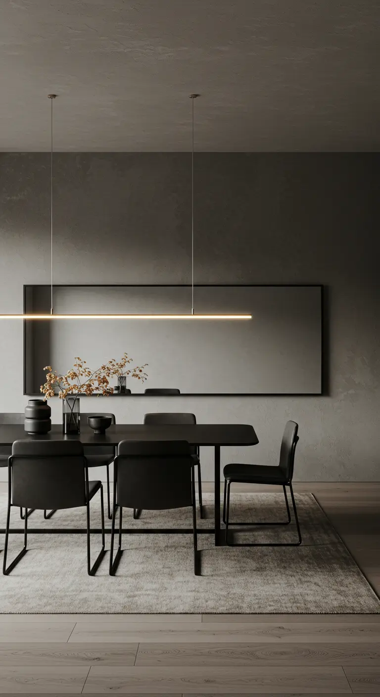 Comedor minimalista con espejo horizontal largo y una lámpara LED lineal sobre la mesa