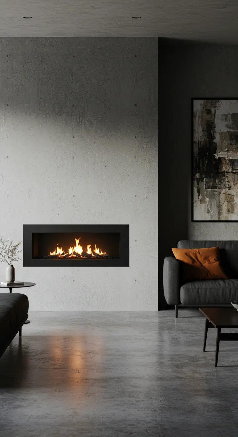 Chimenea lineal moderna empotrada en una pared de hormigón pulido.
