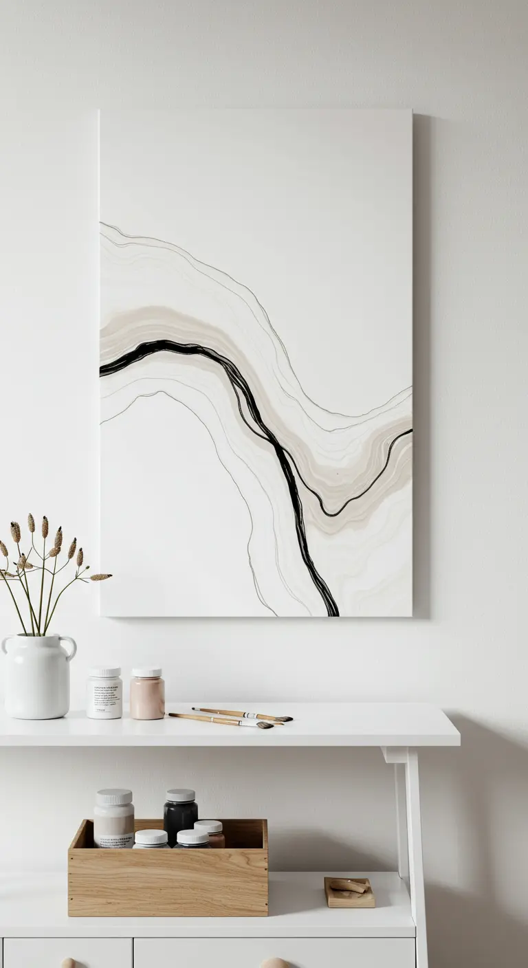 Lienzo blanco con una fina línea de pintura fluida negra creando una onda minimalista