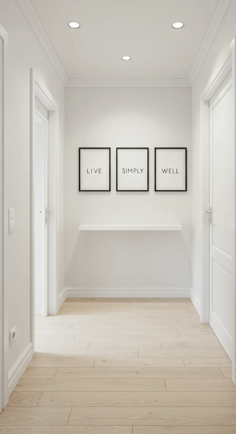 Pasillo minimalista blanco con tres cuadros negros alineados que dicen 'Live Simply Well'.
