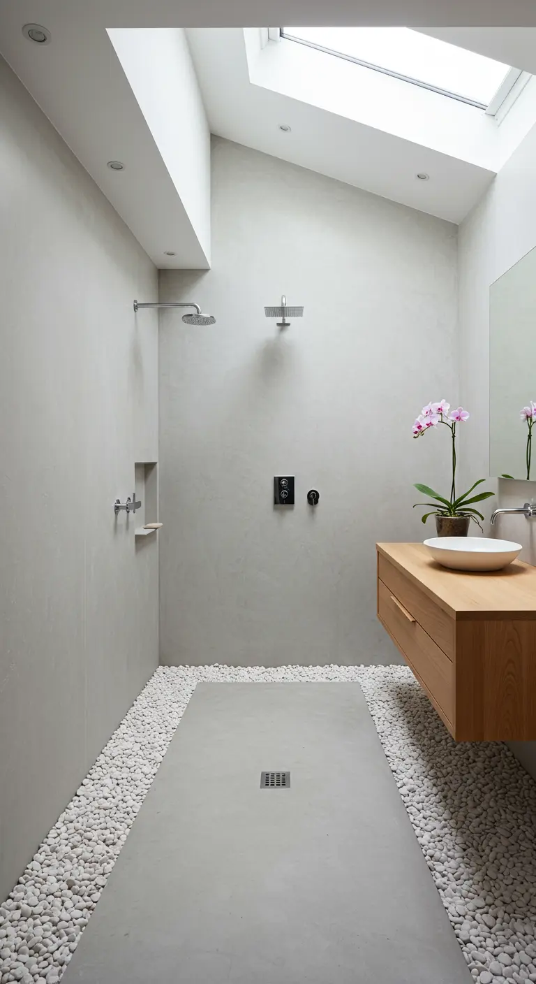 Baño minimalista con paredes de microcemento gris, ducha a ras de suelo y borde de piedras blancas.