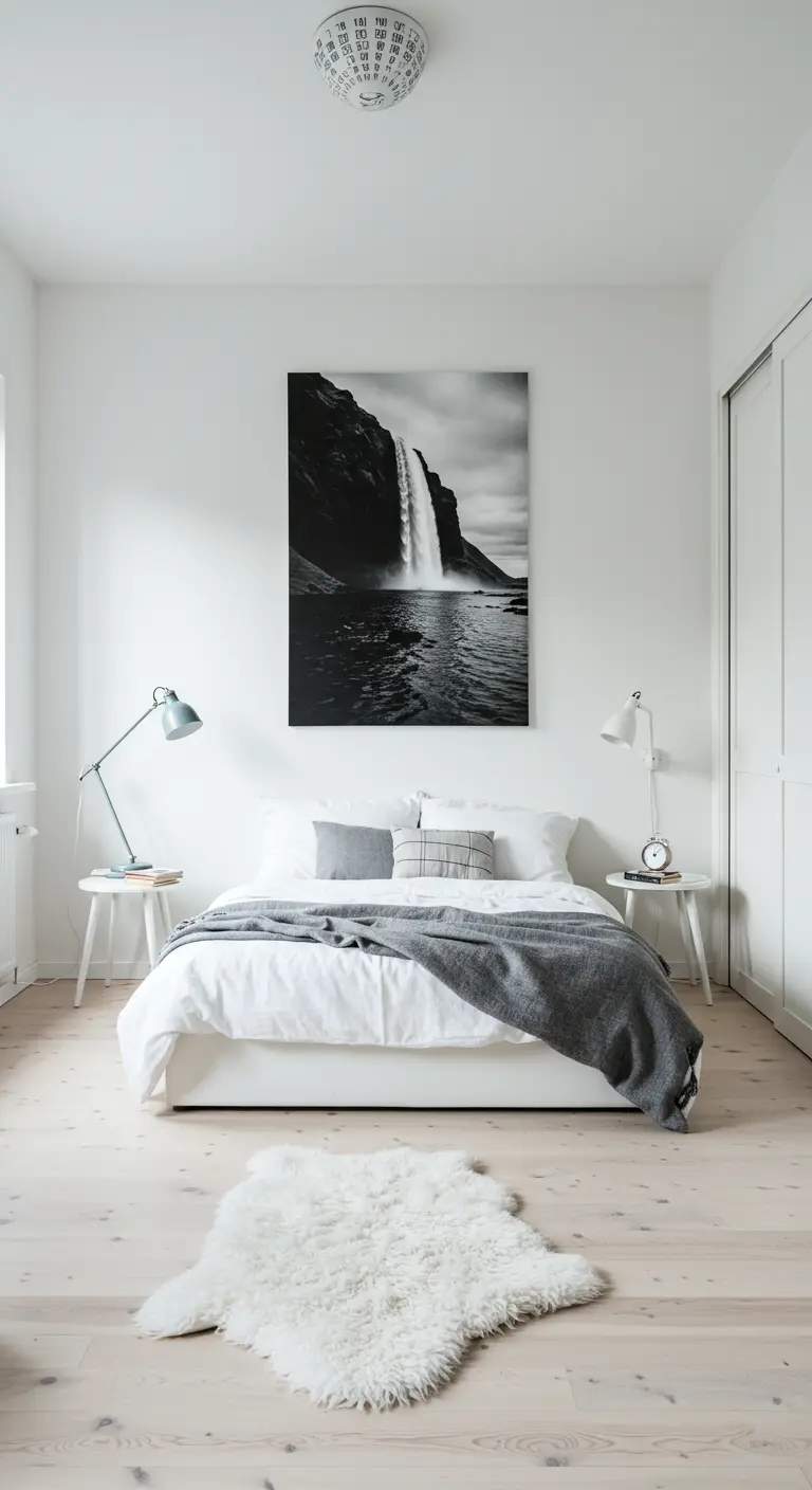 Dormitorio minimalista blanco con una gran fotografía en blanco y negro de una cascada.