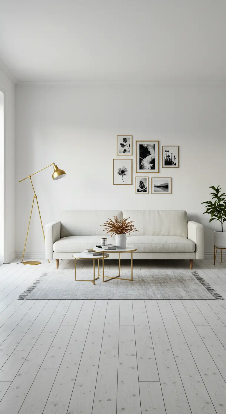 Salón de inspiración escandinava con sofá blanco, suelo de madera clara y acentos dorados en lámparas y marcos