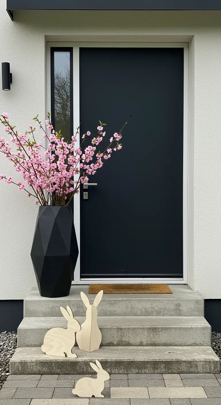Entrada moderna con puerta negra, jarrón con flores de cerezo y siluetas de conejos de madera