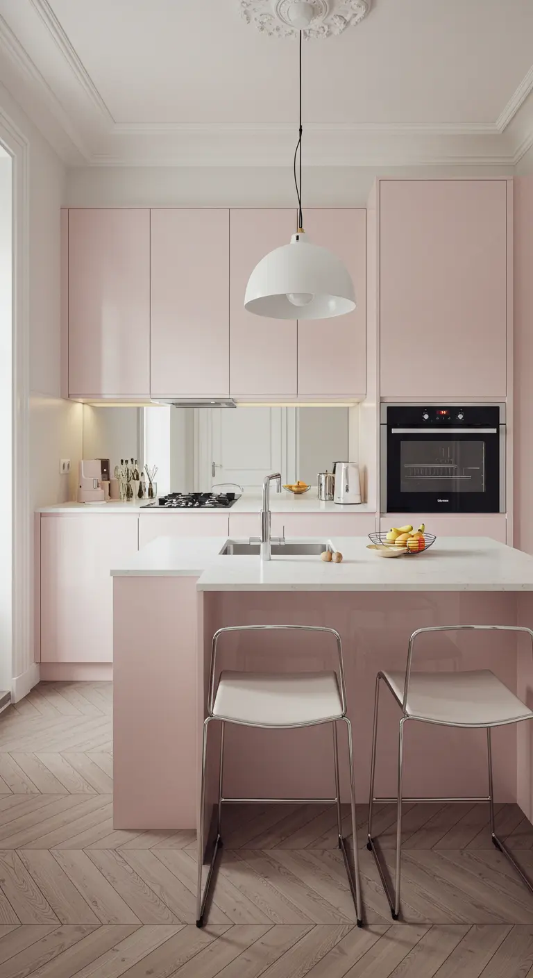 Cocina escandinava minimalista con gabinetes en rosa pálido brillante y suelo de madera clara.