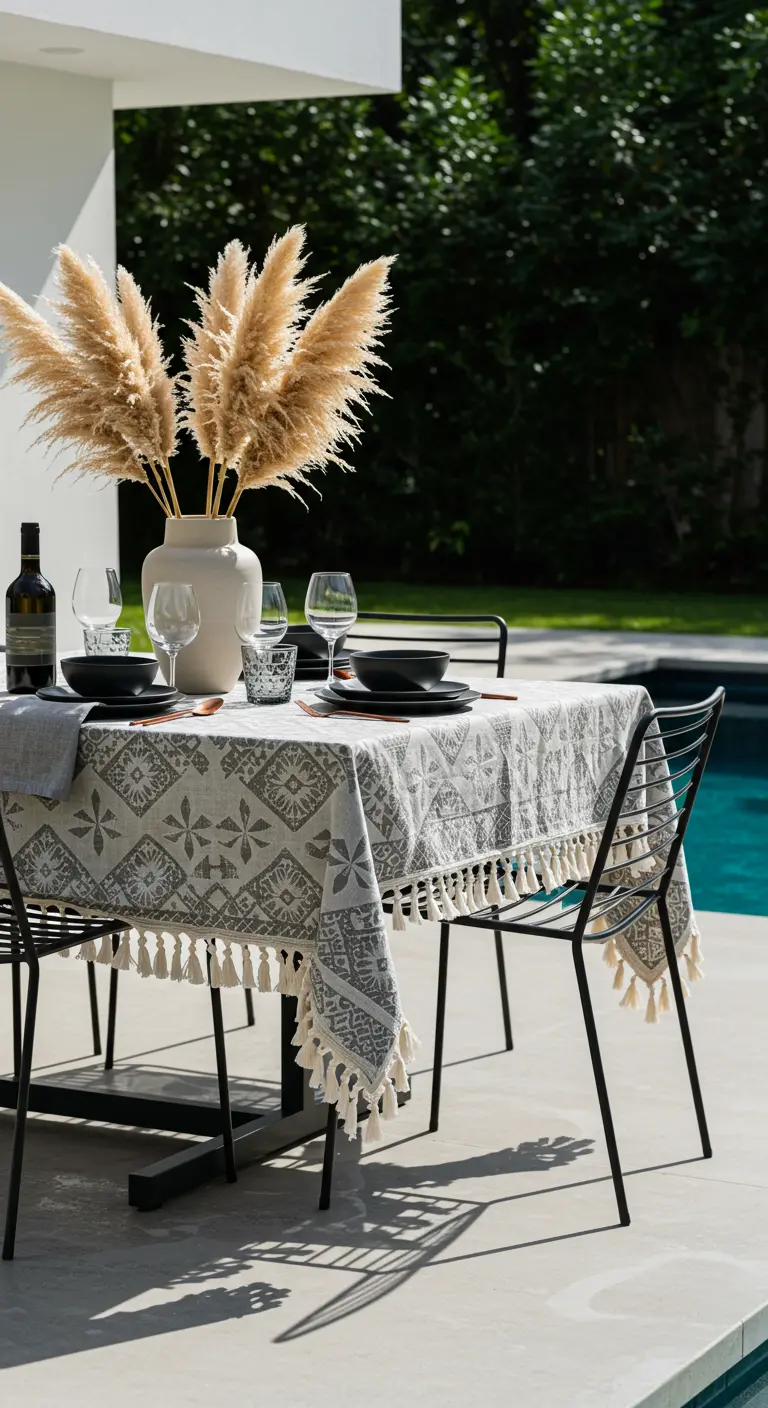 Mesa de comedor junto a una piscina, con sillas negras y un mantel geométrico gris.