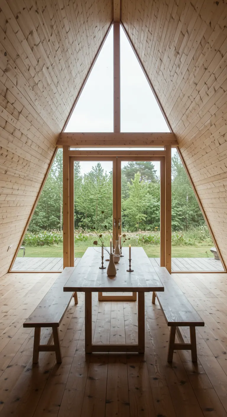 Mesa de comedor minimalista en una cabaña de madera con forma de A y grandes ventanales al bosque.