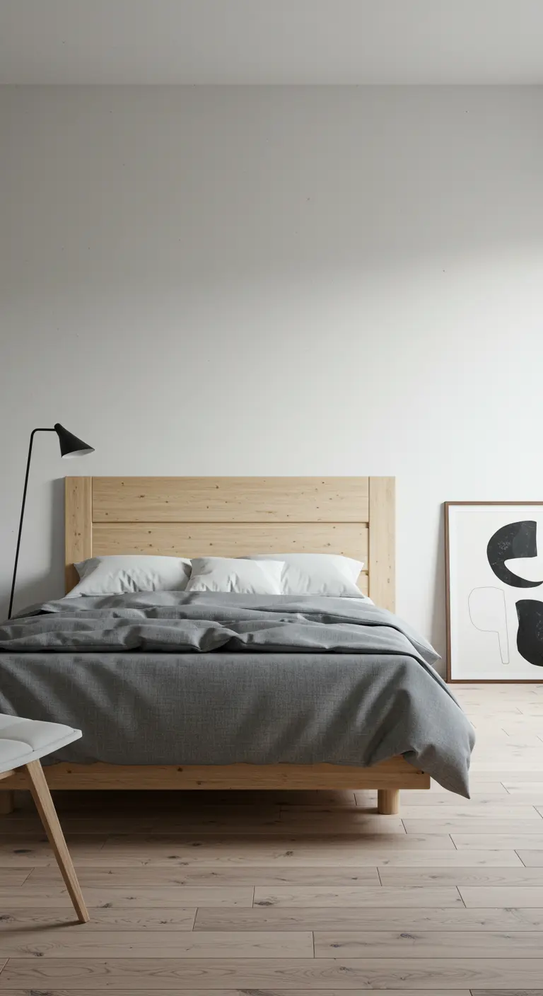 Cabecero de cama minimalista hecho con una puerta de madera clara dispuesta horizontalmente.