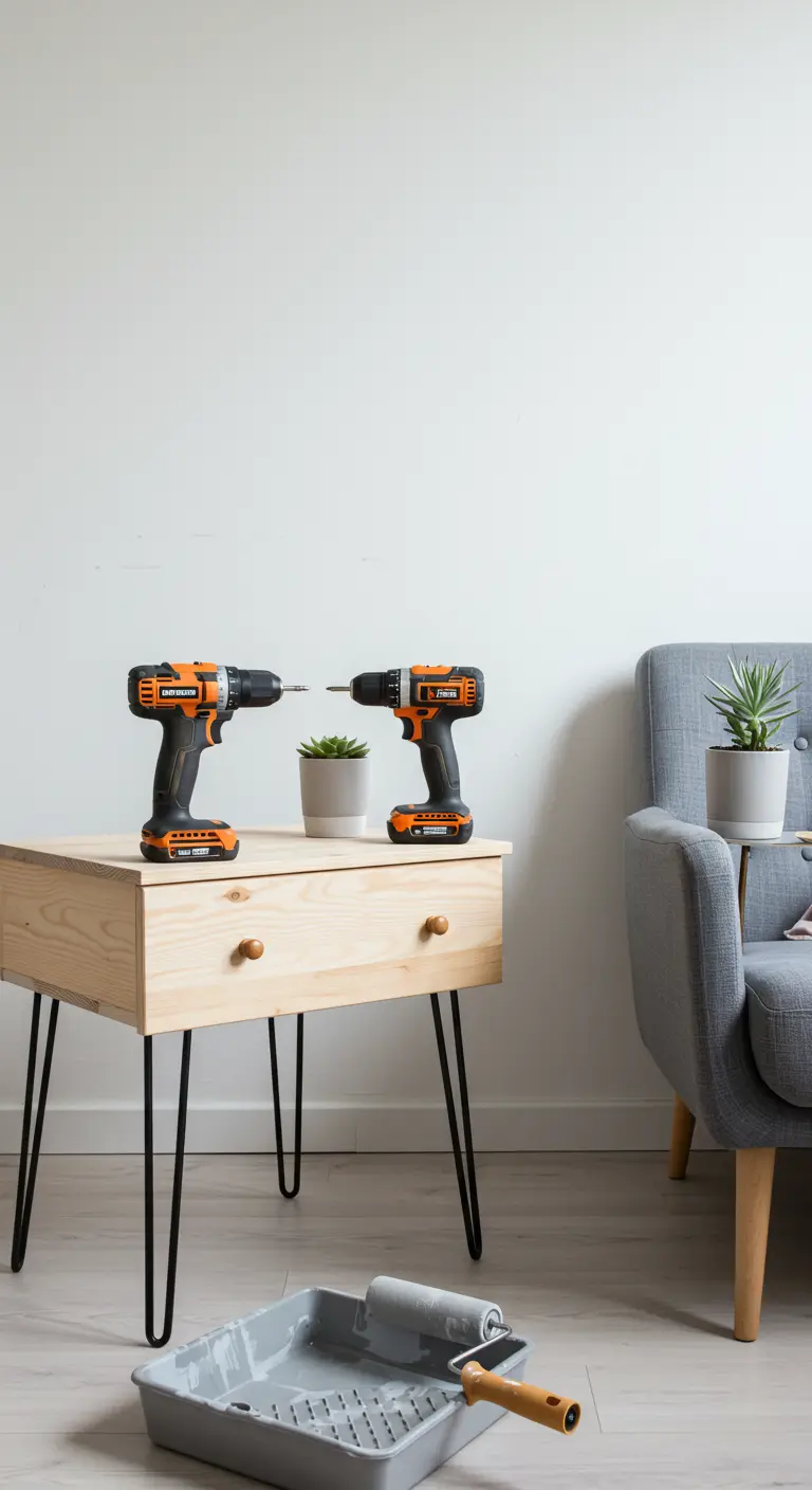 Mesa auxiliar de madera clara con patas de horquilla negras y herramientas de bricolaje al lado