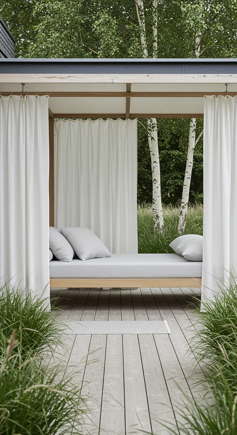 Cama balinesa de madera clara con cortinas y cojines blancos en una tarima de madera grisácea