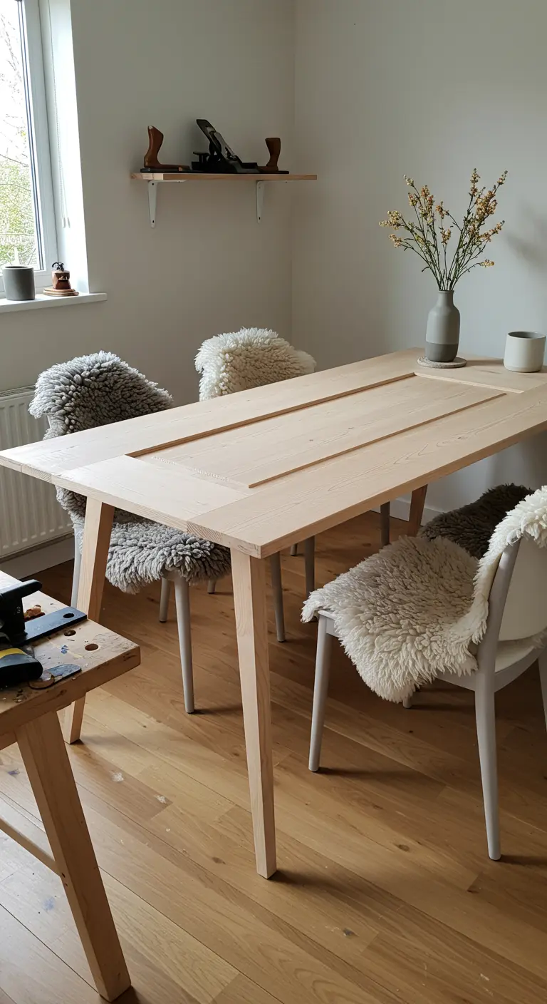 Mesa de comedor de estilo escandinavo hecha con una puerta de madera clara y sillas con piel de oveja.
