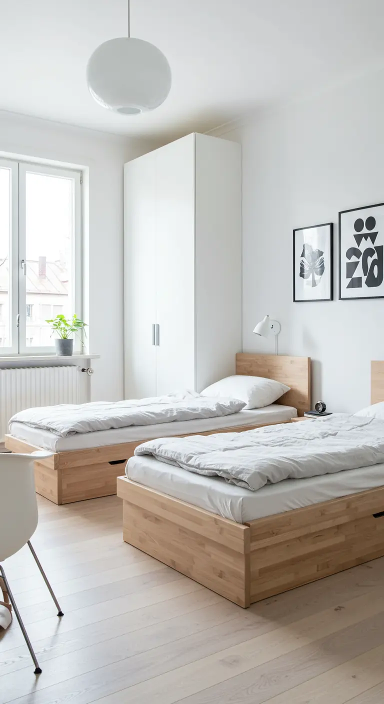 Dormitorio minimalista escandinavo con dos camas de madera clara y paredes blancas.