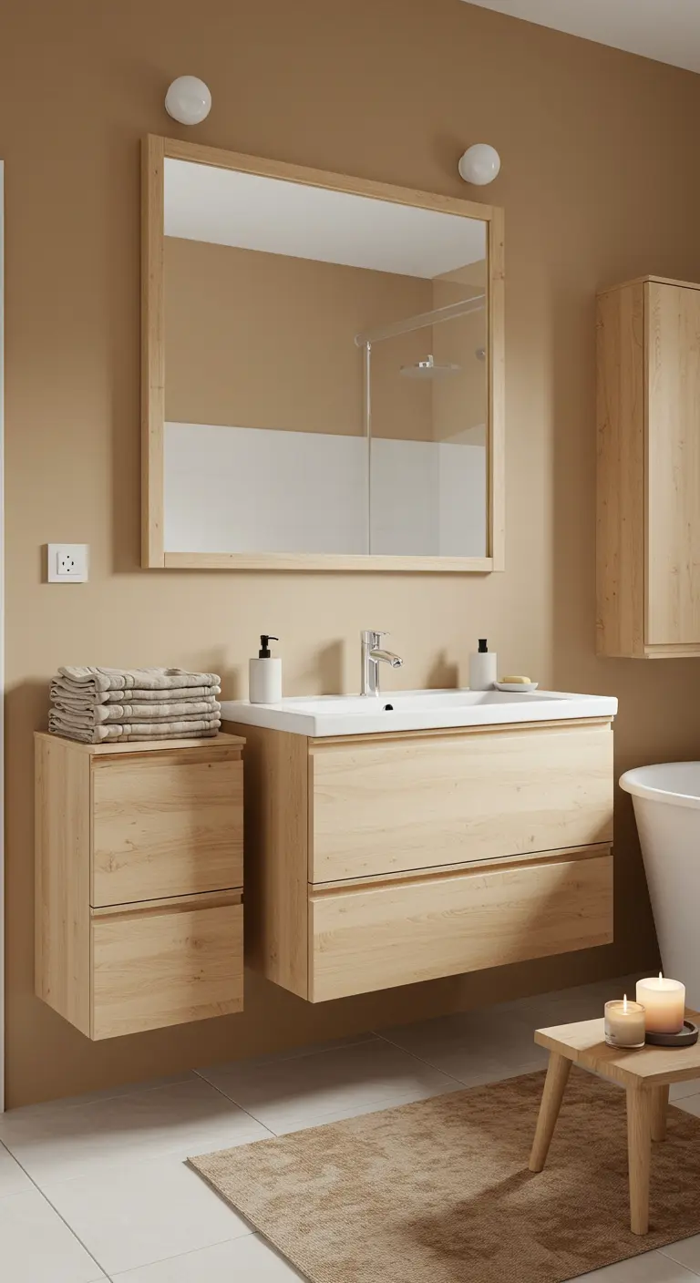 Baño de estilo escandinavo con muebles flotantes de madera clara y paredes en tono capuchino