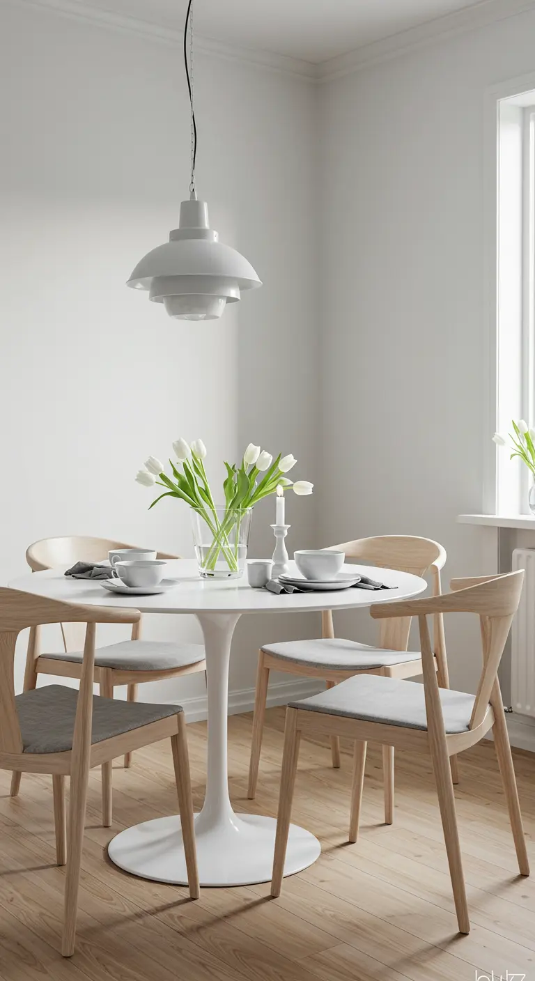 Comedor escandinavo minimalista con mesa blanca, sillas de madera clara y lámpara de diseño.