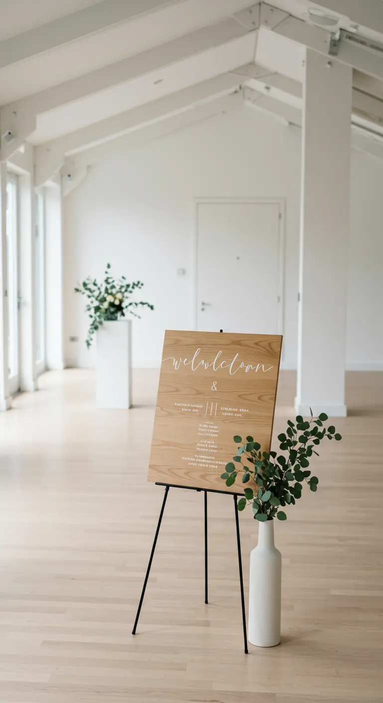 Cartel de bienvenida de madera clara en un espacio blanco y minimalista.