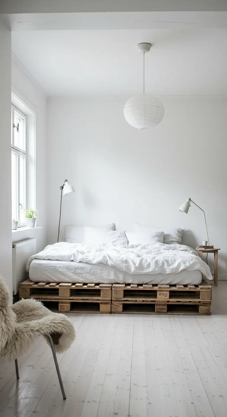 Dormitorio minimalista escandinavo con cama de palets, todo en tonos blancos y madera clara.