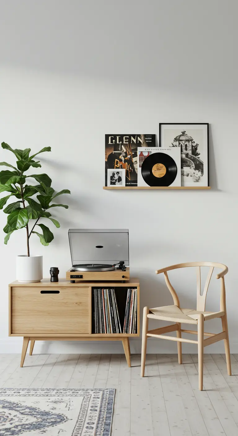Rincón de música de estilo escandinavo con muebles de madera clara, paredes blancas y una planta.