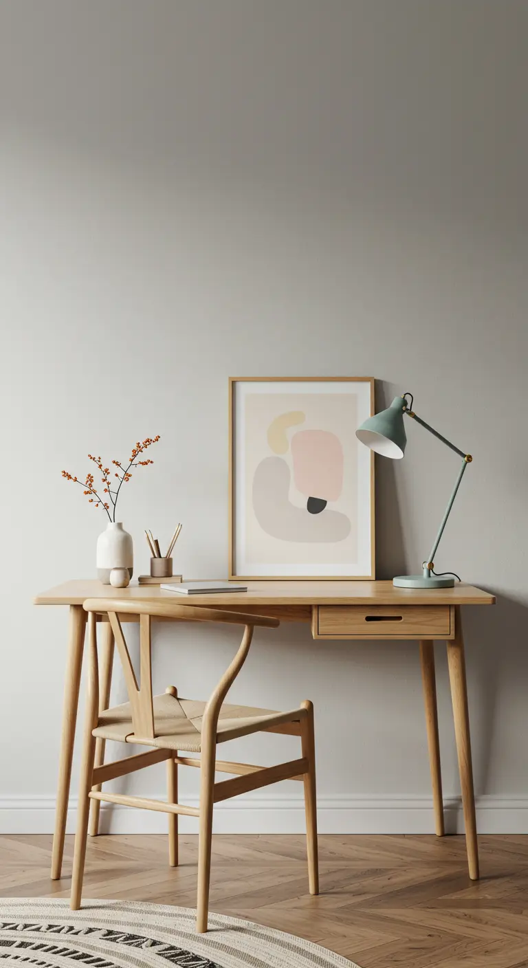 Escritorio de madera clara de estilo escandinavo con una silla de diseño y un cuadro abstracto apoyado en la pared.